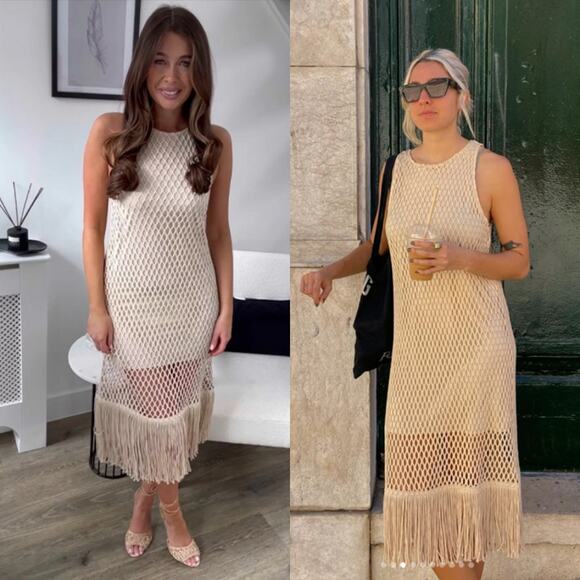 Pull & Bear Crochet Knitted Beige Midi Dress XS Europe Trip Vacation Boho Resort - Picture 1 of 4